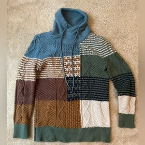 patterned knit sweater with adjustable turtle neck